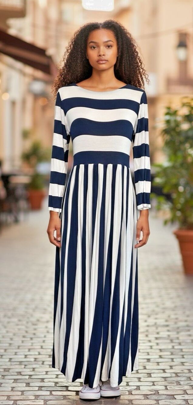 Shabby Apply womens striped long sleeve maxi dress Small preppy vacation travel